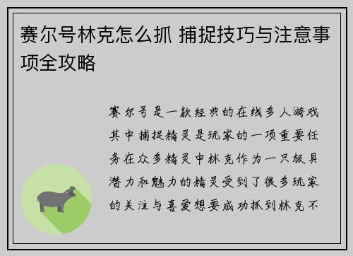 赛尔号林克怎么抓 捕捉技巧与注意事项全攻略