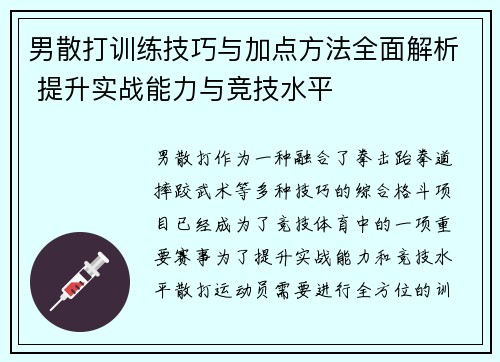 男散打训练技巧与加点方法全面解析 提升实战能力与竞技水平